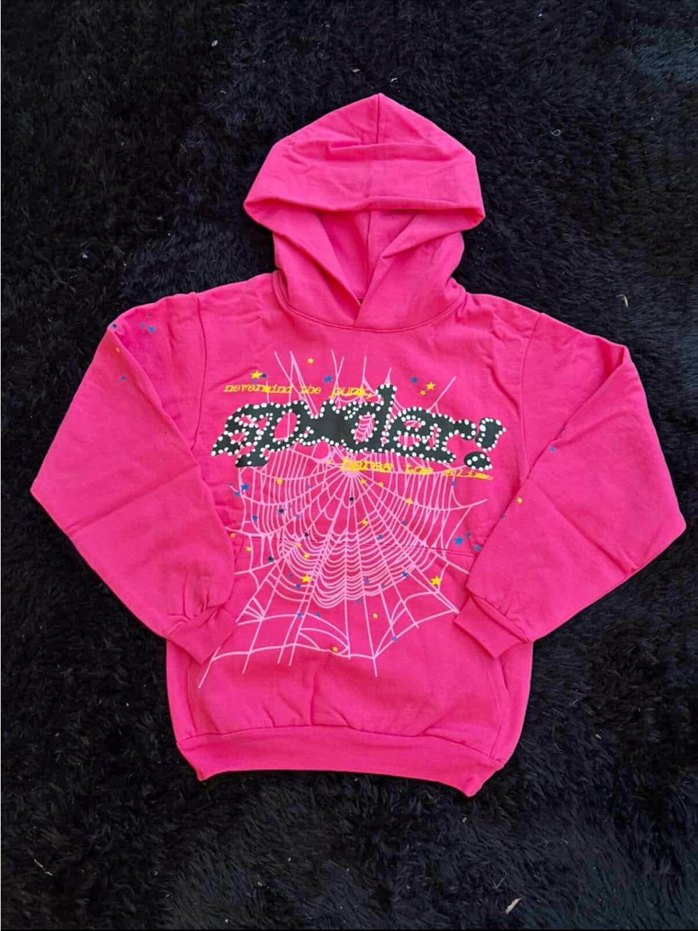 Girls Hot Pink Graphic Hooded Sweatshirt with Spiderweb Design